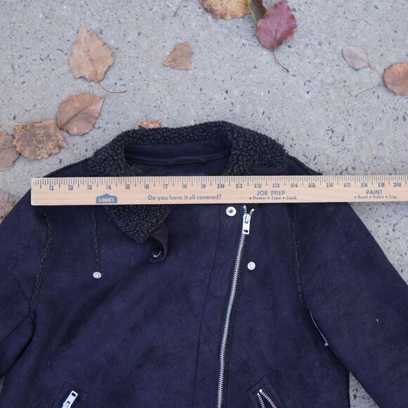 AE Faux Suede Moto Jacket Black Sherpa Lined Women's M Zip Up Winter - Picture 12 of 15